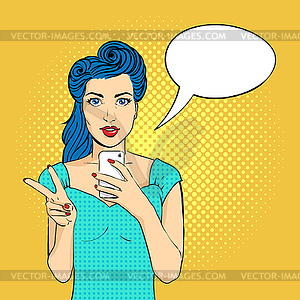 Pop art woman face with open mouth holding phone - vector clip art