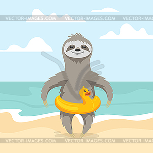 Счастливый мило ленивец на пляже. Лето ВПТ - изображение в векторе