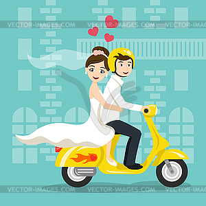 Young happy newlyweds bride and groom rid - vector image