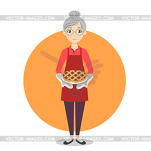 Grandma with sweet pie in her hands - vector clipart