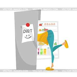 Girl searching something to eat in fridge - vector clipart