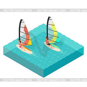 Isometric windsurfers. Man and woman on v - vector clip art