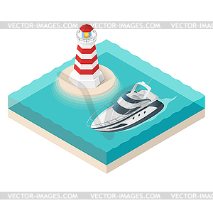 Isometric yacht and lighthouse on tropi - vector image