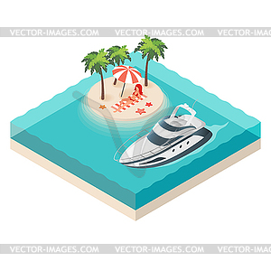 Isometric yacht and tropical island - vector clipart