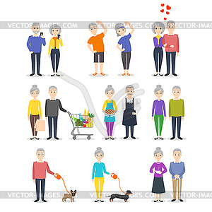 Set of senior people. Different activity: cooking, - vector clip art