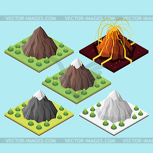 Isometric 3d set of mountains and volcano - vector clip art