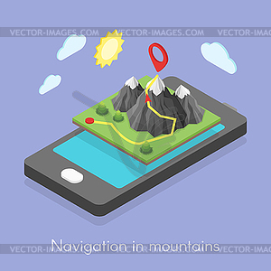 Concept of mobile map in mountains - vector clipart