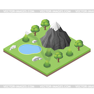 Isometric mountain lake in woods - vector image