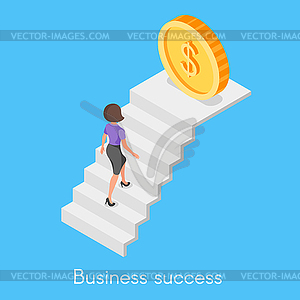 Isometric concept of business woman climbing - vector clipart