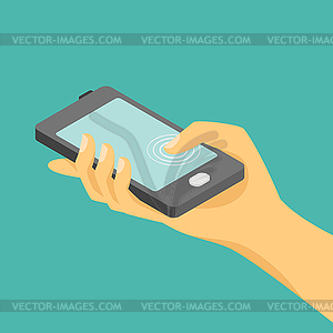 Isometric hand and smartphone - vector clipart