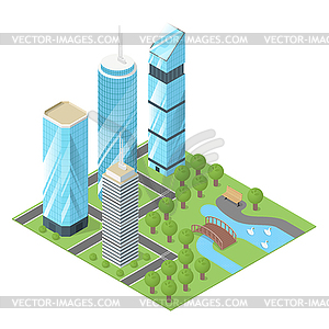 3d isometric city buildings and park - vector EPS clipart