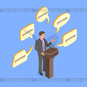 Isometric 3d concept of politician giving empty - vector clip art