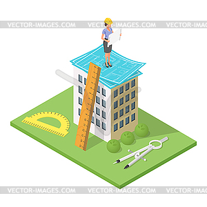 Isometric 3d city building with blueprint - vector image