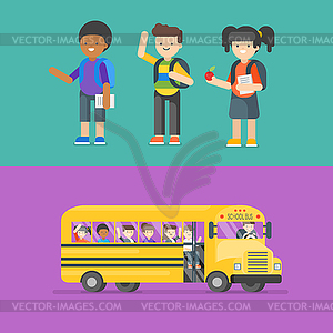 Kids at school and in bus - vector image