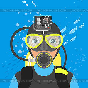 Skuba diver shooting video underwater - vector clip art