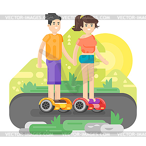 Flat style young man and woman riding an - vector clip art