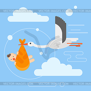 Flat style stork caring newborn baby - color vector clipart