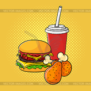 Pop art burger, chicken legs - vector clip art