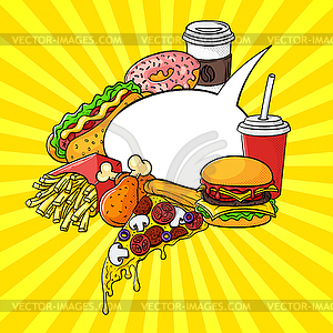 Pop art set of fast food with speech bubble - vector clipart