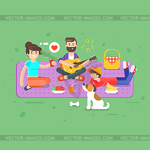 Flat style happy family picnic in par - vector clip art