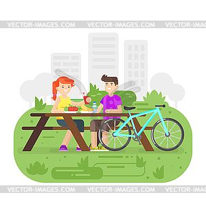 Flat style young happy couple having picn - vector clip art