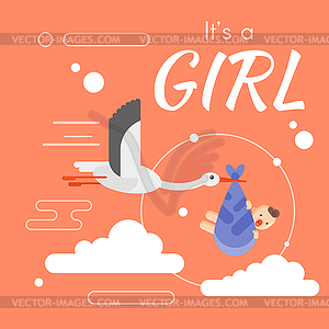 Flat style stork caring newborn baby - vector image