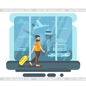 Flat style bearded man with bag in airpor - vector clip art