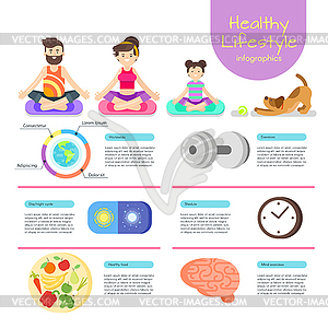 Flat style infographic of yoga. Man, woman, and gir - vector image