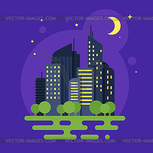 Flat style night city. Moon and buildings - vector image