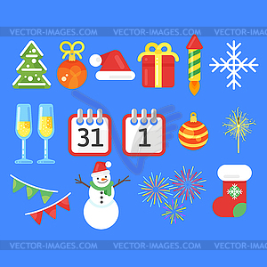 Flat style set of Christmas or New Year icons - vector clipart