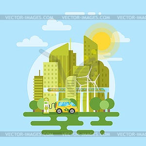 Flat style electric car in city - vector image