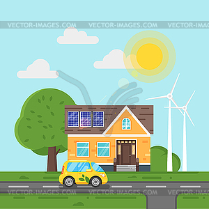 Flat style electric car and house with so - vector clipart