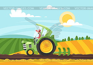 Cartoon style farmer working in farmed la - vector image