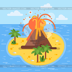 Flat style volcano on tropical island - vector clipart / vector image