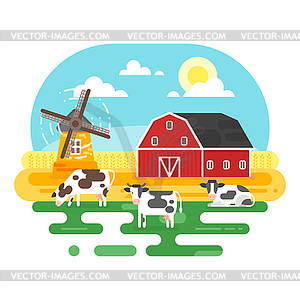 Flat style farm with cows - royalty-free vector clipart