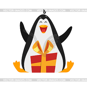 Flat style penguin with gift - vector image