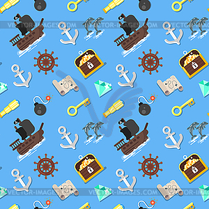 Flat style seamless pattern with pirate ship - vector clipart