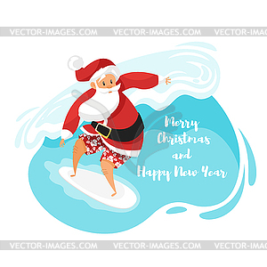 Cartoon style Santa surfer riding wav - color vector clipart