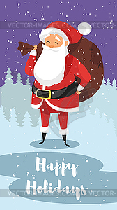 Cartoon style Santa with bag of gifts - color vector clipart