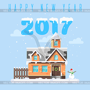 Плоский стиль зимний праздник дом со снегом - векторный рисунок