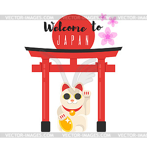 Japanese traditional gate with Lucky Cat - vector clipart