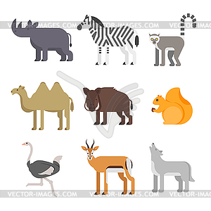 Flat style set of animals. Rhinoceros, wolf, lemur - vector clip art