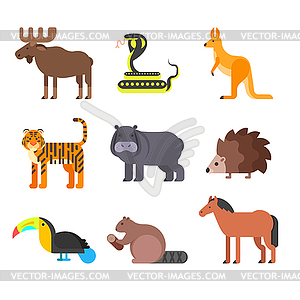 Flat style set of animals. Hedgehog, tiger, snake - color vector clipart