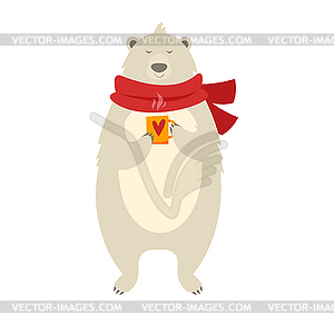 Christmas polar bear with cup - color vector clipart