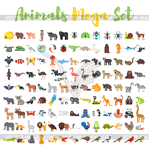 Flat style big set of animals - vector image