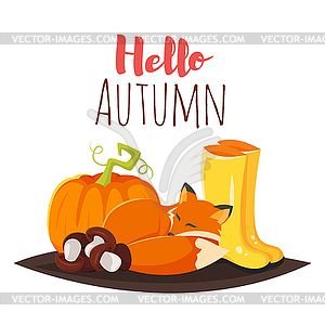 Cartoon style autumn background with fox, pumpkin - vector clip art