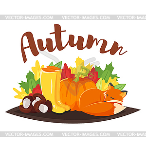 Cartoon style autumn background with fox, pumpkin - vector clipart