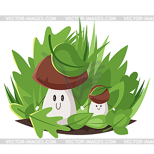 Cartoon style big and small forest mushro - vector image