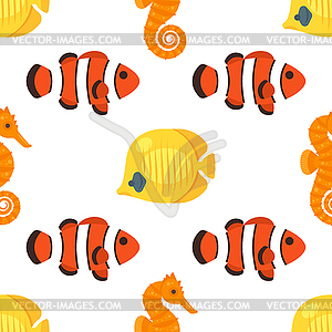 Flat style seamless pattern with red and yellow fish - vector clipart