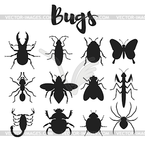 Monochrome set of various bugs - vector image